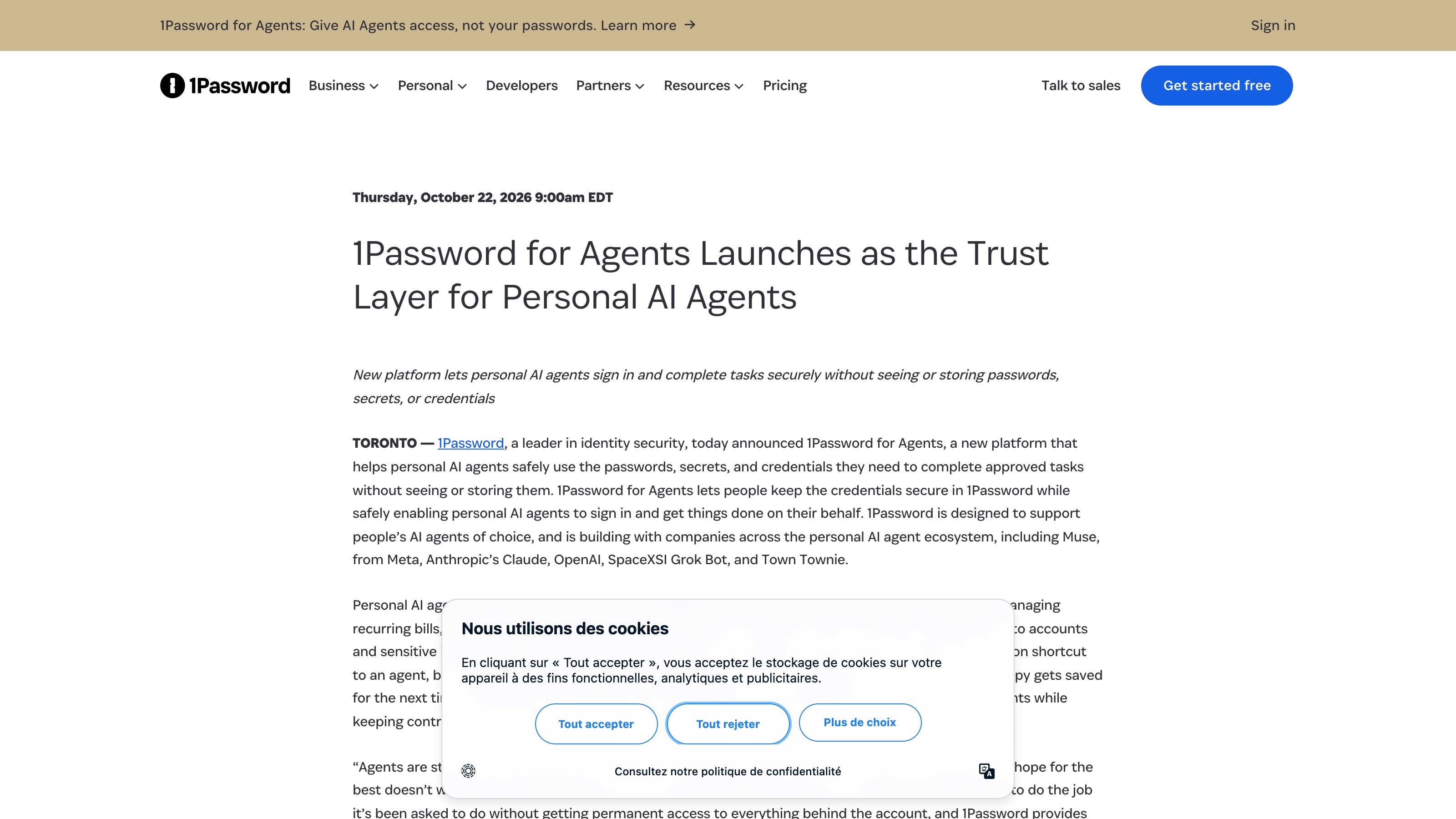 Le communiqué de 1Password daté du jeudi 22 octobre 2026, 9 h 00 EDT : « 1Password for Agents Launches as the Trust Layer for Personal AI Agents ». Le premier paragraphe visible annonce la plateforme et nomme les cinq partenaires.