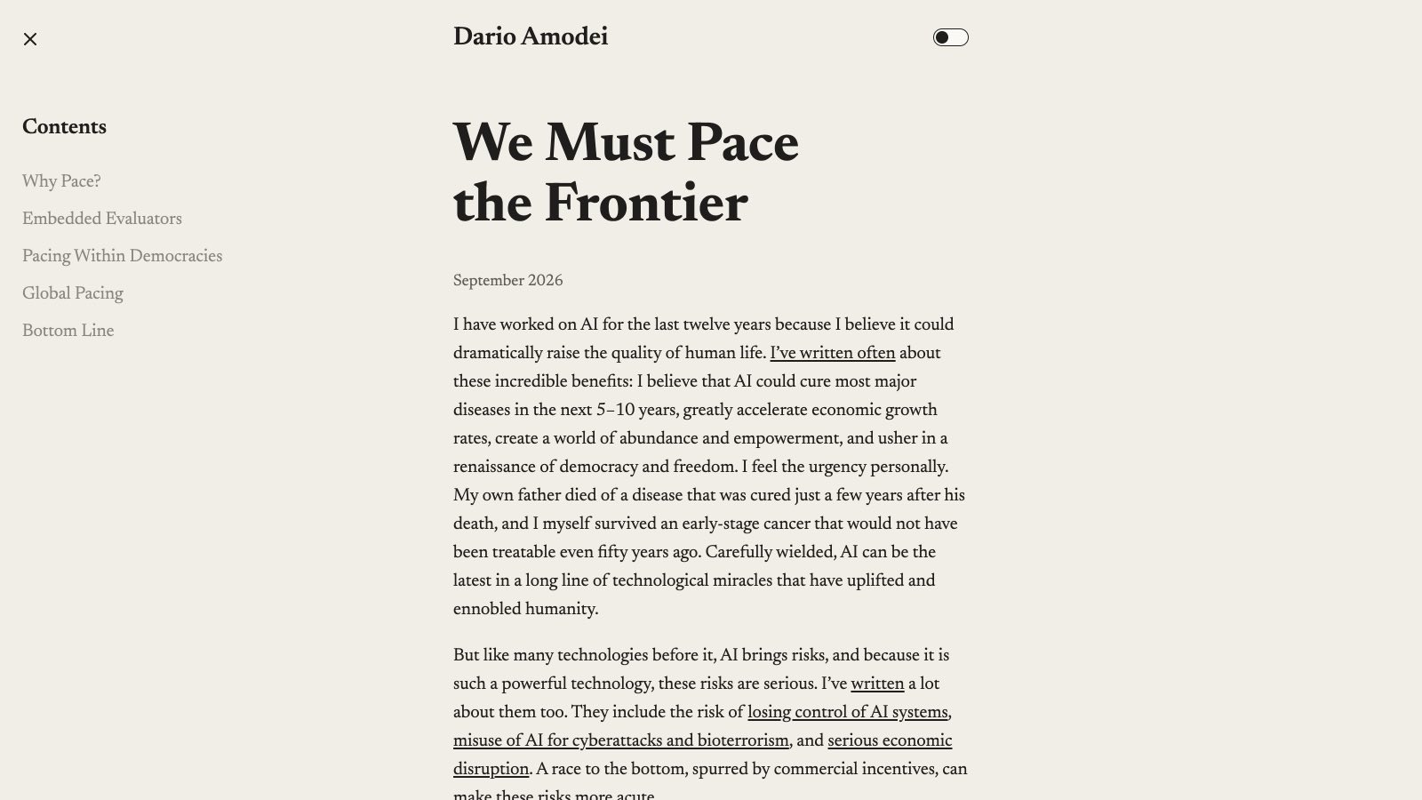 L'essai « We Must Pace the Frontier » publié par Dario Amodei le samedi 12 septembre 2026 sur son site personnel.