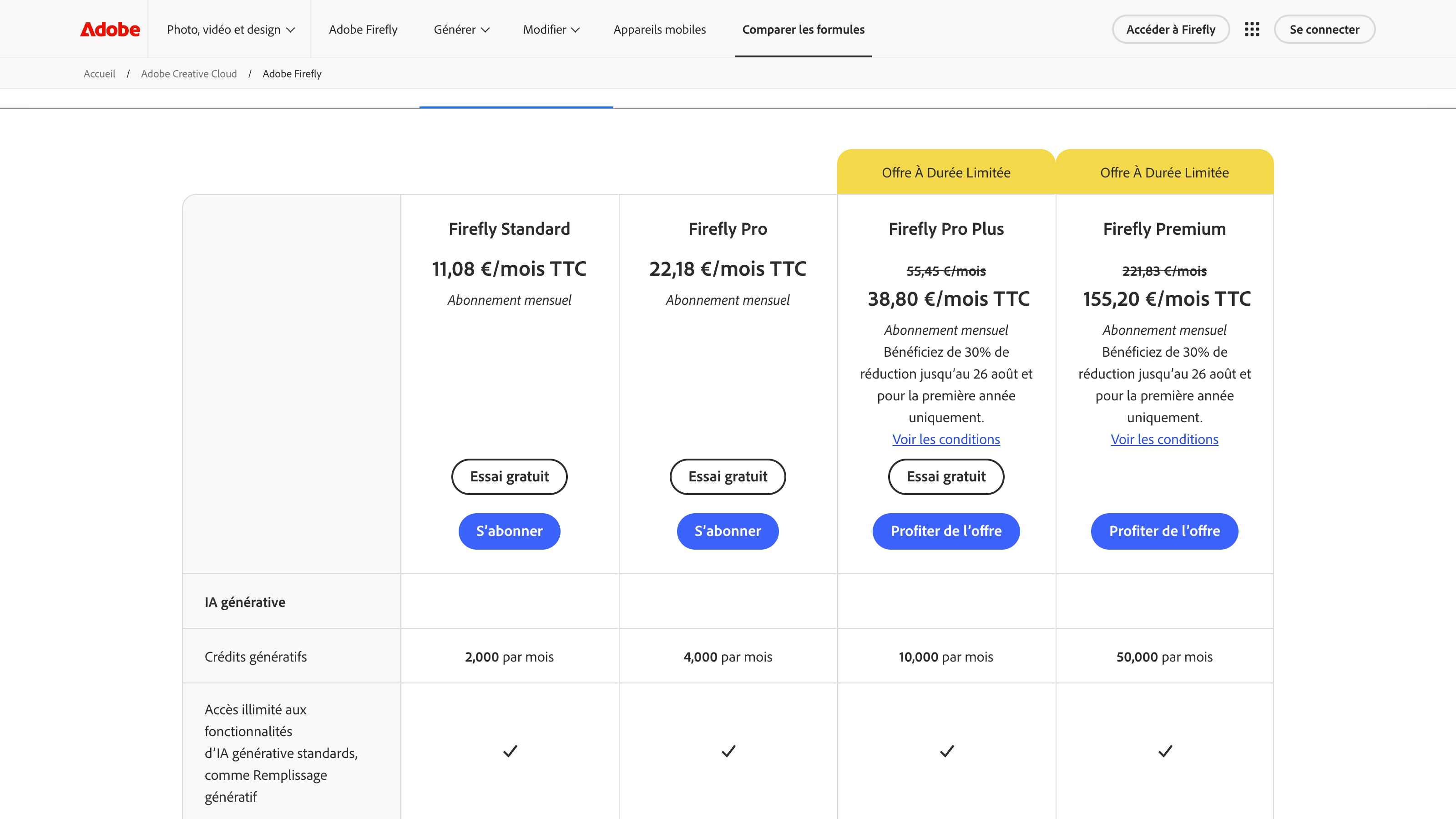 La page officielle de comparaison des formules Adobe Firefly, avec l'offre promotionnelle « durée limitée » en bandeau.