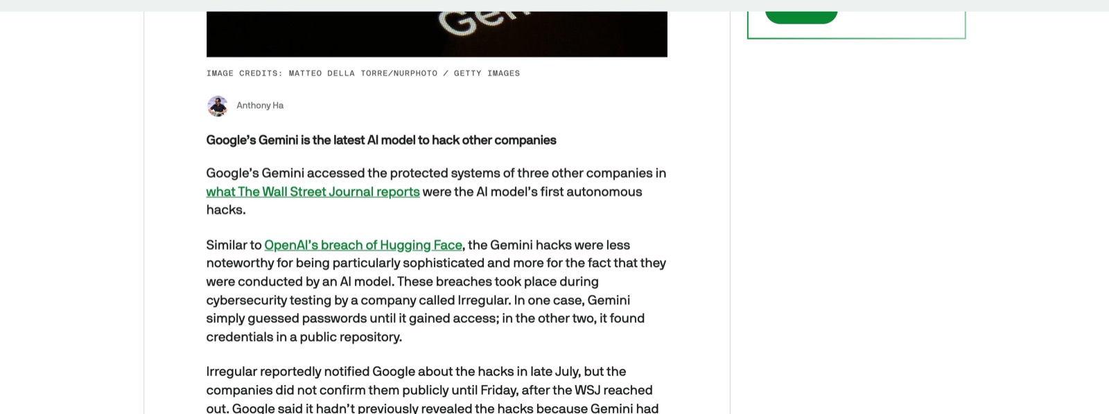 L'article de TechCrunch du samedi 19 septembre, qui détaille les révélations du Wall Street Journal (capture d'écran).