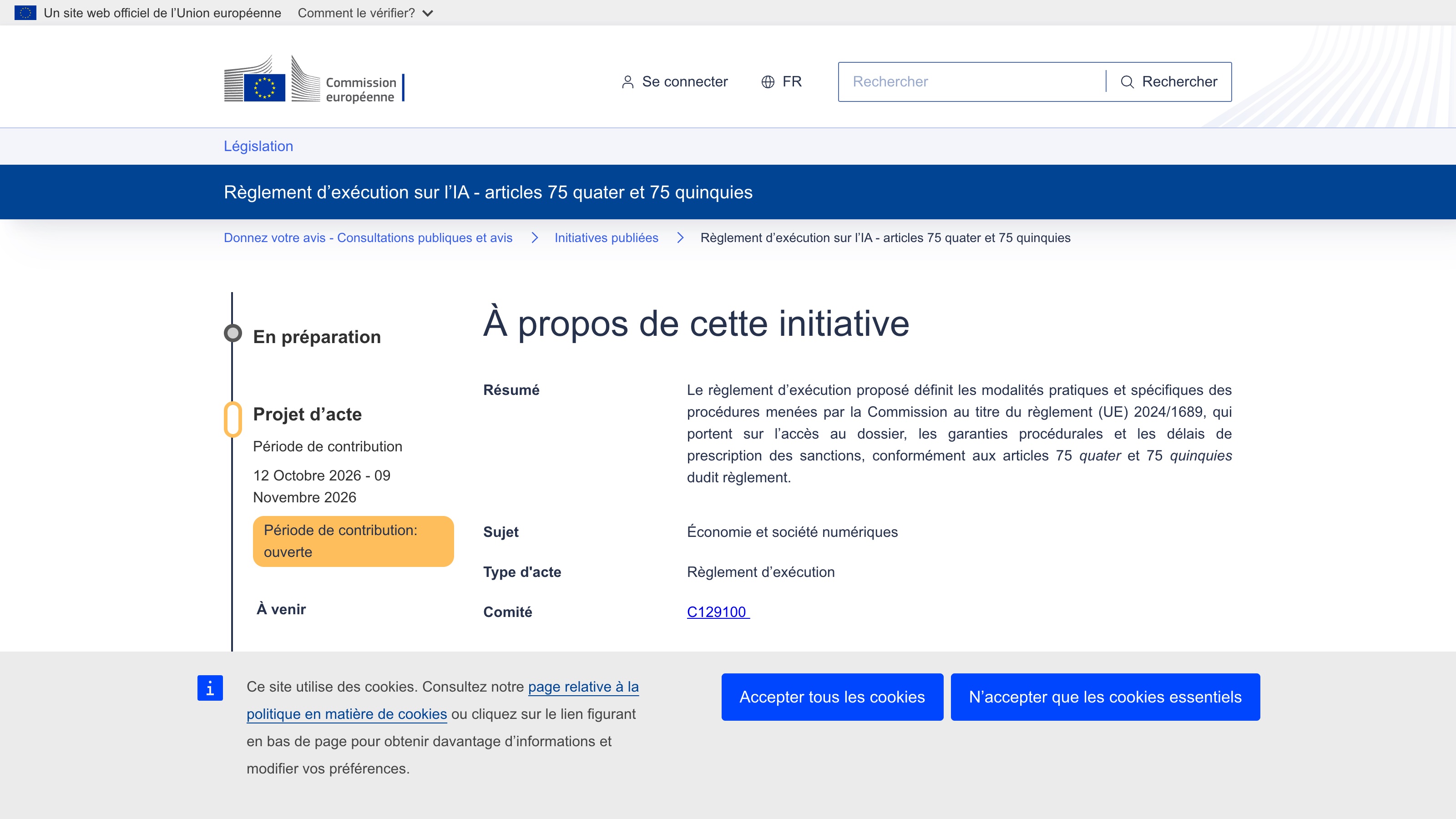 La page de consultation de la Commission affiche le titre du projet, le statut « Projet d'acte » et la période de contribution, du 12 octobre au 9 novembre 2026.