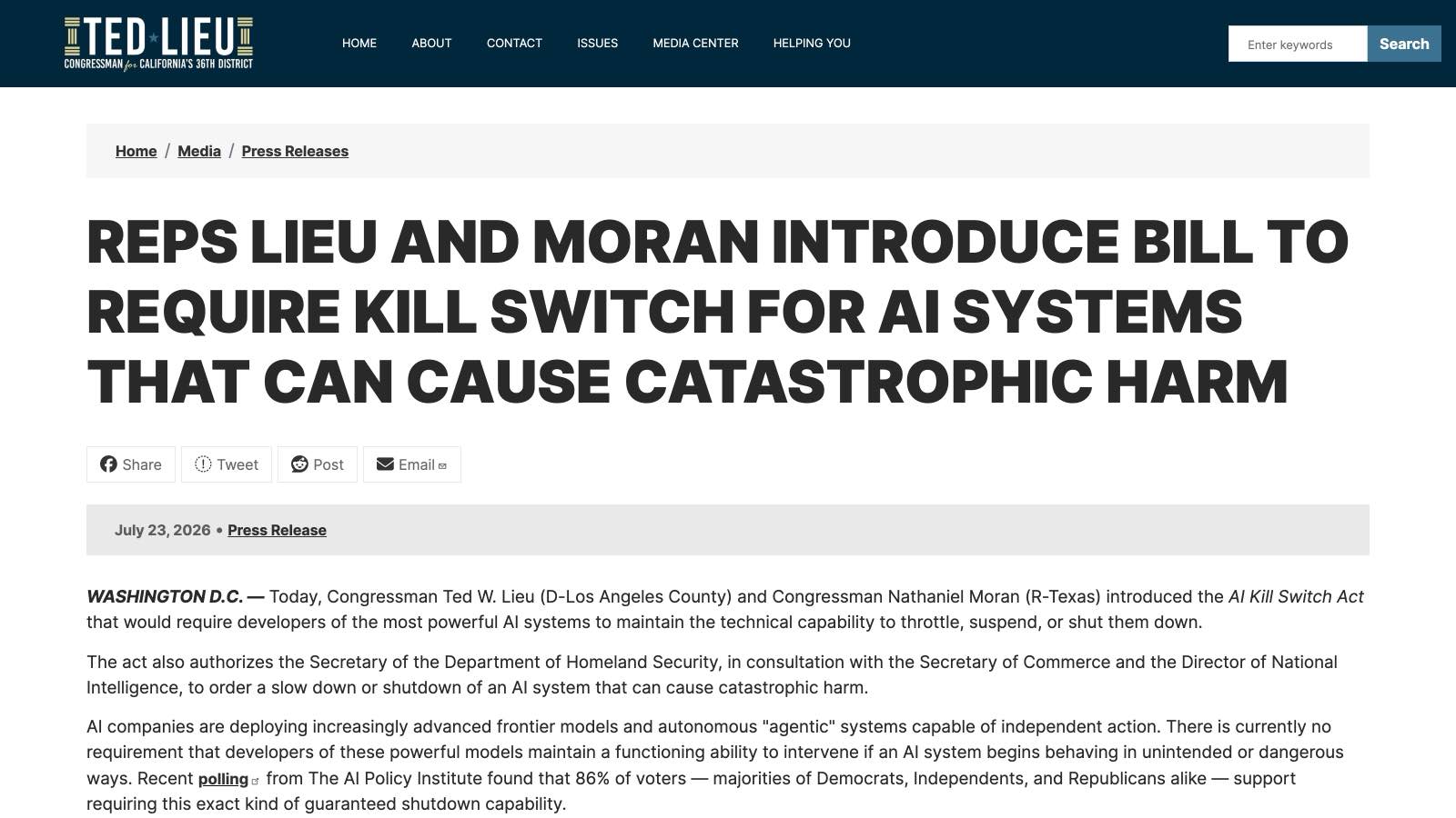 Le communiqué officiel du 23 juillet 2026 sur le site du représentant Ted Lieu : les deux élus y détaillent le mécanisme et citent nommément l'incident OpenAI.