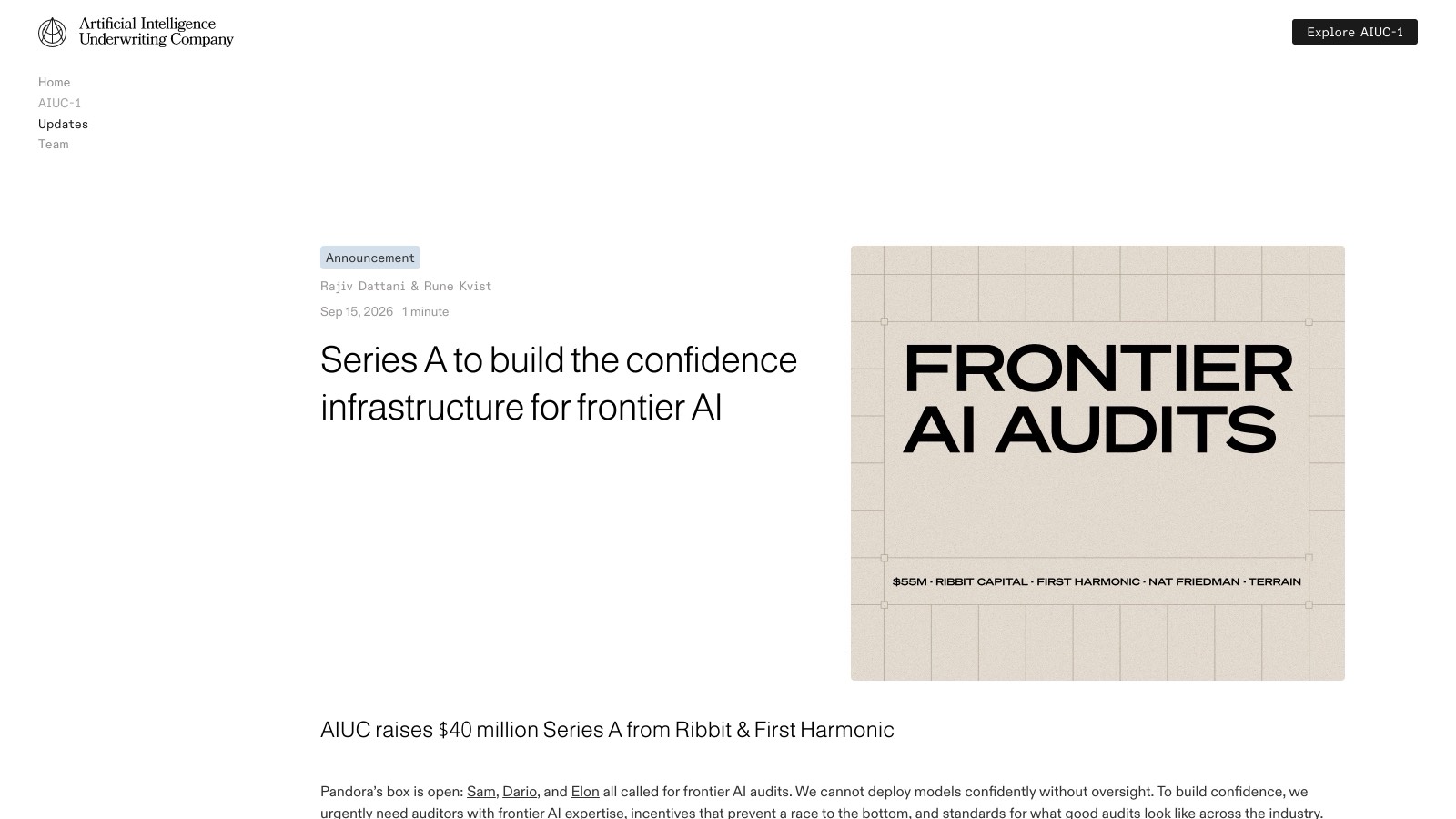 Le communiqué publié le 15 septembre 2026 sur aiuc.com, « Series A to build the confidence infrastructure for frontier AI ».