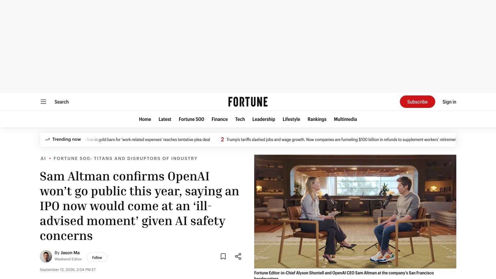 L'article de Fortune signé Jason Ma, publié le 12 septembre 2026 à 14 h 04, heure de la côte Est américaine : le titre reprend la formule d'Altman, « un moment mal avisé », et montre Alyson Shontell face à Sam Altman dans les locaux d'OpenAI à San Francisco.