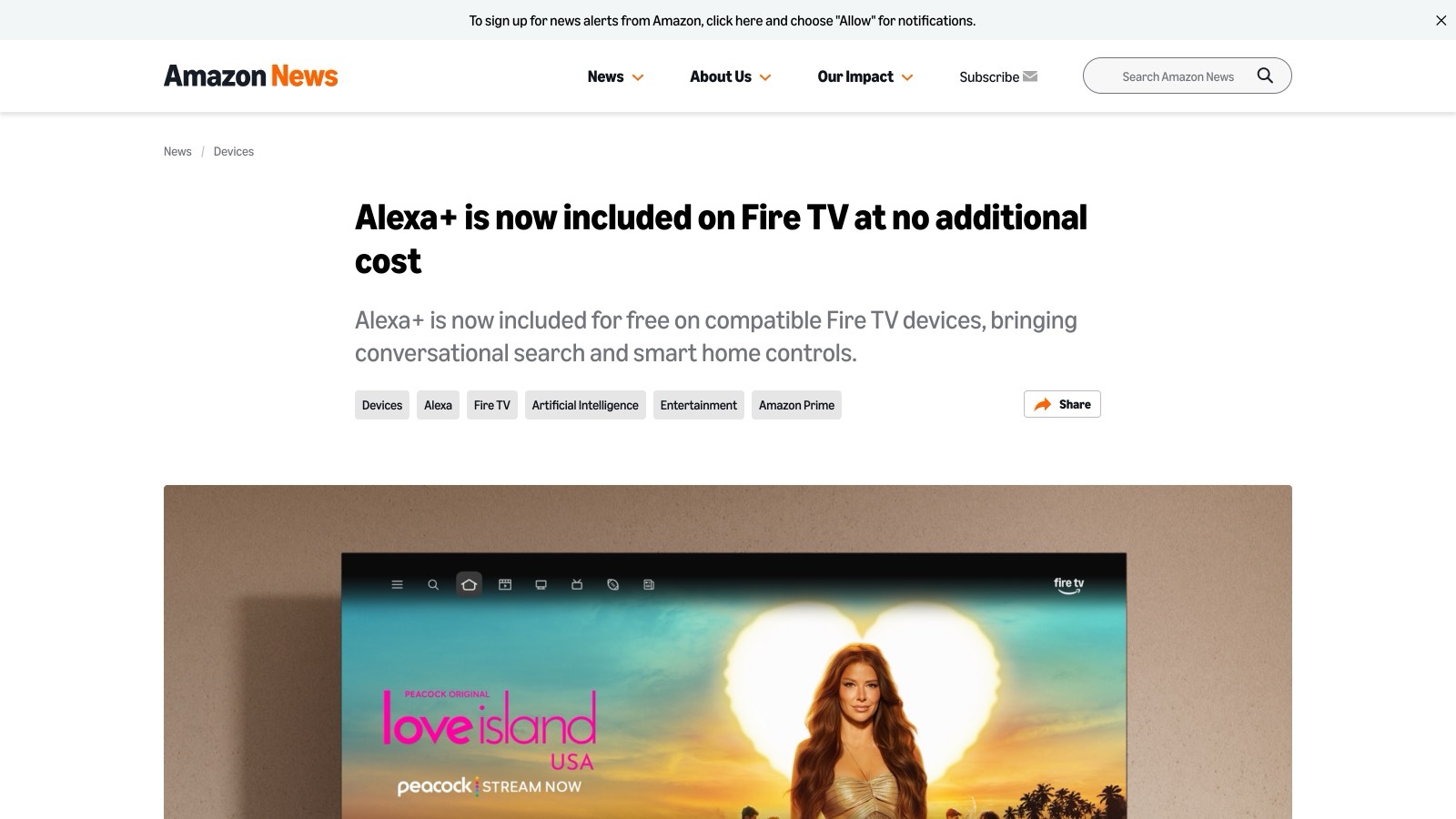 L'annonce officielle d'Amazon publiée le 19 août 2026 : Alexa+ est incluse sans frais supplémentaires sur les appareils Fire TV compatibles.