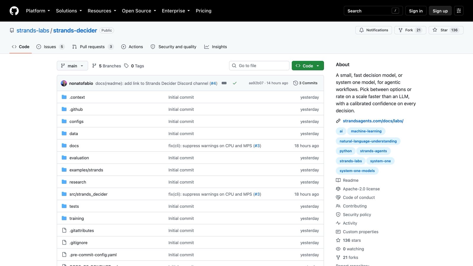 Le dépôt GitHub de Strands Decider, publié par l'organisation Strands Labs et annoncé le 1er octobre 2026 : le modèle open source sous licence Apache 2.0 affichait 134 étoiles au 2 octobre.