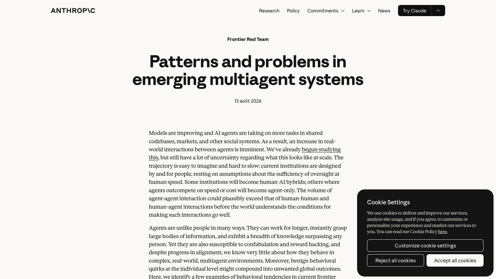 Capture de la publication officielle d'Anthropic sur les systèmes multiagents émergents