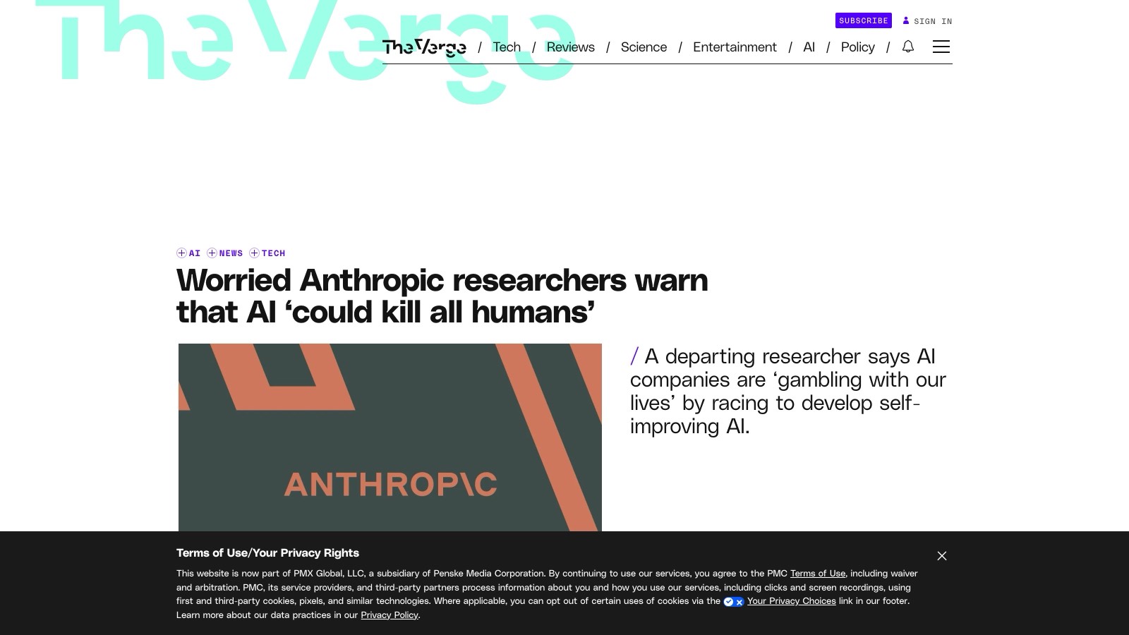 La reprise de The Verge le 9 septembre 2026, titre lisible : "Worried Anthropic researchers warn that AI could kill all humans".
