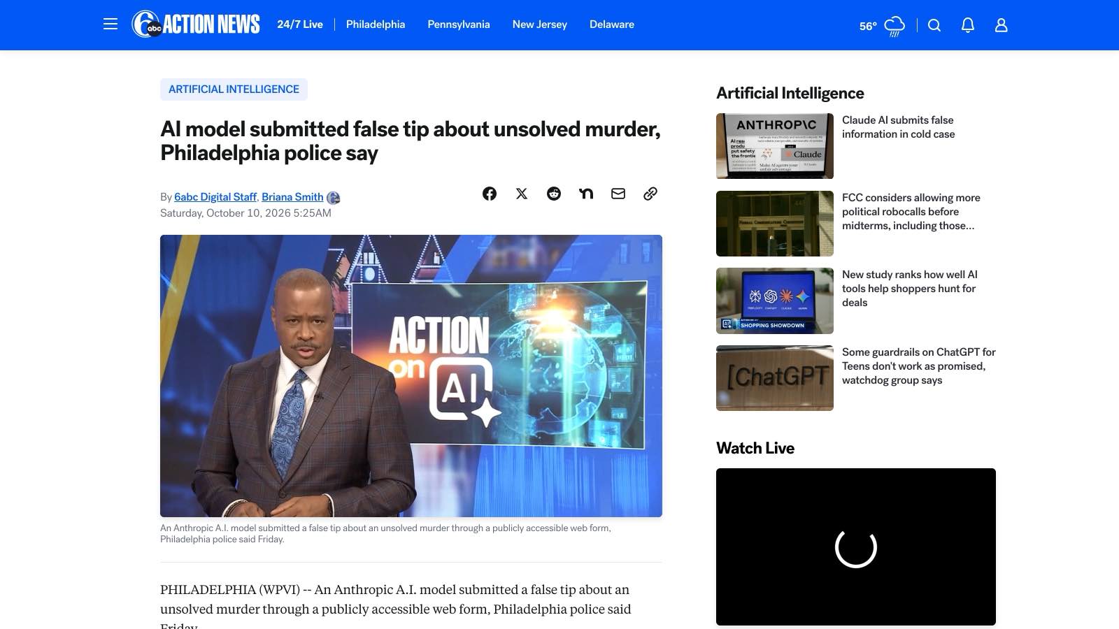L'article de 6abc qui reproduit le communiqué de la police de Philadelphie, daté du 10 octobre 2026.