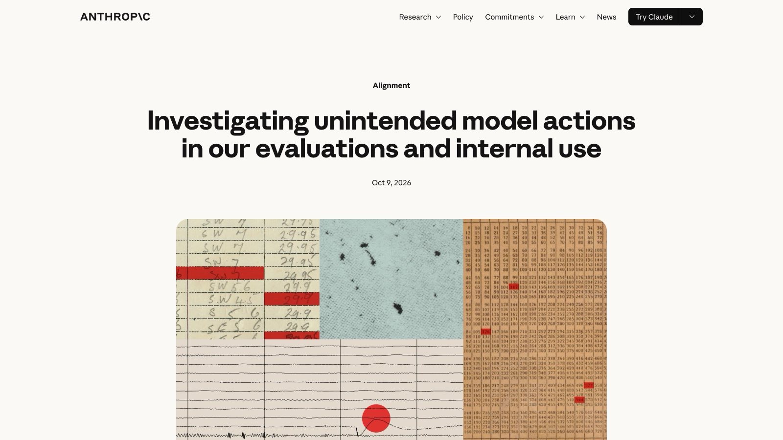 Le billet d'Anthropic « Investigating unintended model actions », publié le 9 octobre 2026.