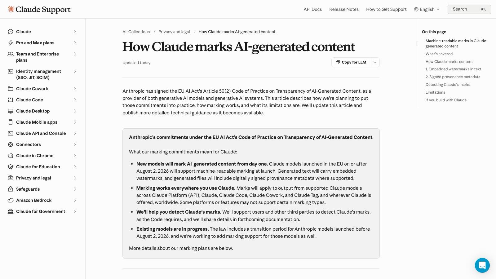 La page du centre d'aide Claude, seule source officielle, mise à jour le 10 août 2026 et classée dans la rubrique « Privacy and legal ».