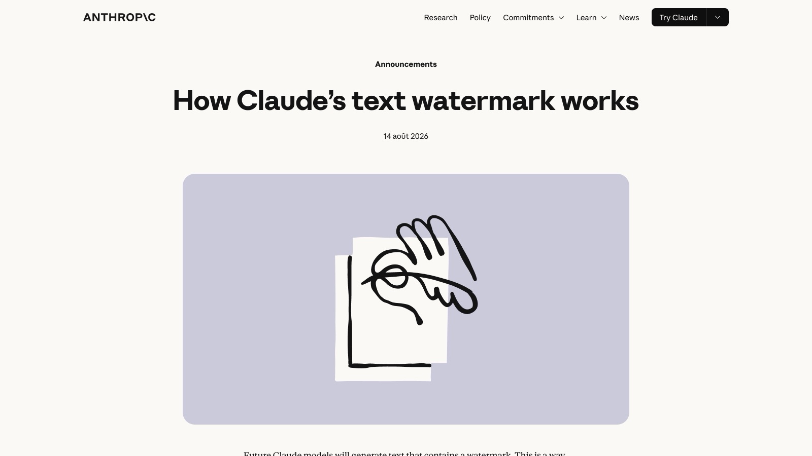 Capture du billet « How Claude's text watermark works » publié sur la newsroom d'Anthropic le 14 août 2026, qui nomme la méthode de marquage et annonce une API de détection.