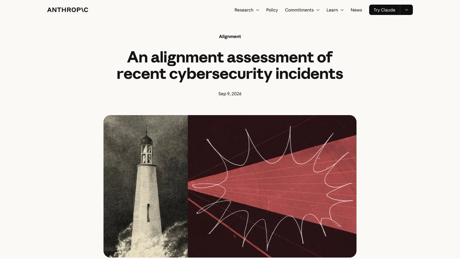 Le billet d'Anthropic publié le 9 septembre 2026, « An alignment assessment of recent cybersecurity incidents ».