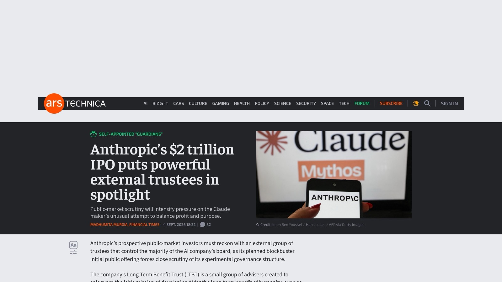 L'enquête du Financial Times signée Madhumita Murgia, reprise par Ars Technica le 4 septembre 2026, place la gouvernance d'Anthropic au centre du dossier d'introduction en Bourse.