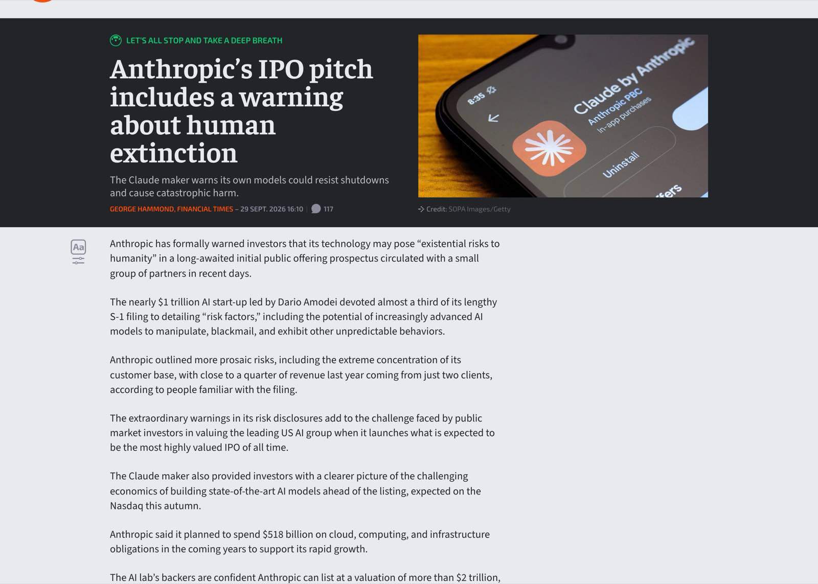 Le texte du Financial Times signé George Hammond, publié par Ars Technica le 29 septembre 2026 à 16 h 10 : l'avertissement sur des « existential risks to humanity », la diffusion du document « circulated with a small group of partners in recent days », et les premiers chiffres d'un prospectus qui n'est pas public.