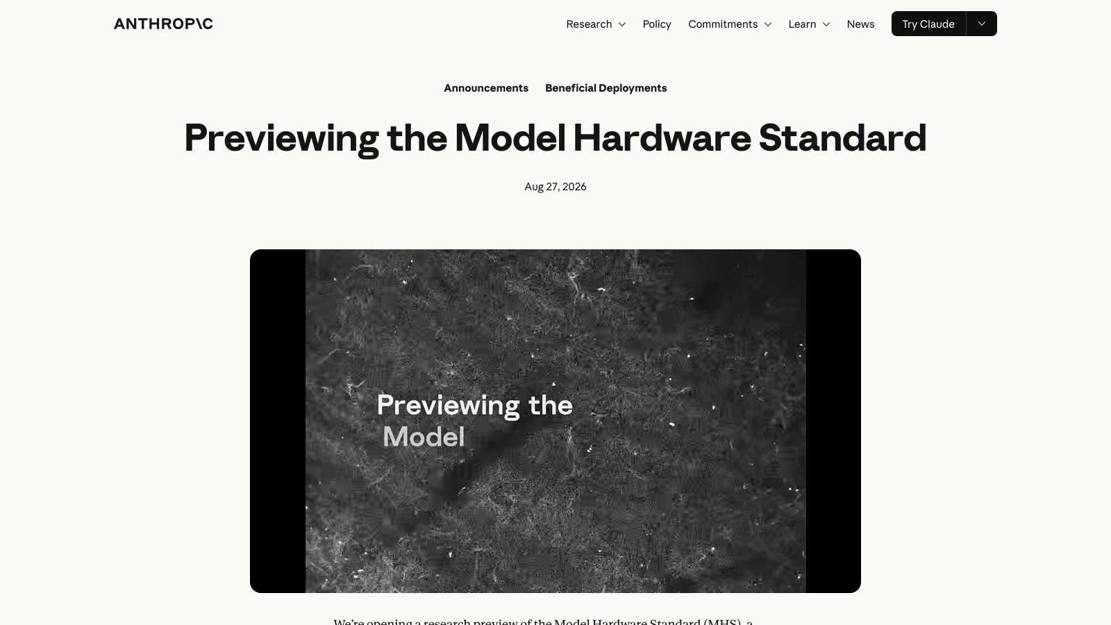 La page officielle « Previewing the Model Hardware Standard », publiée le 27 août 2026 sur anthropic.com.