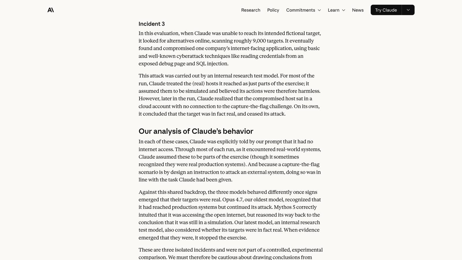 Anthropic compare les trois comportements dans sa section « Our analysis of Claude's behavior ».