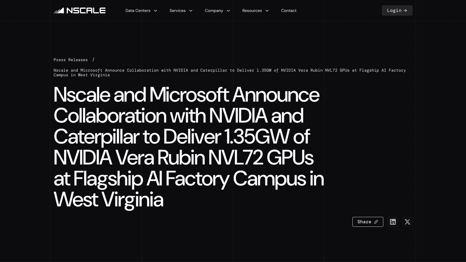La page officielle de Nscale sur son campus phare de Virginie-Occidentale, publiée le 16 mars 2026. La lettre d'intention concernait alors Microsoft : ni Nscale ni Anthropic n'ont publié de communiqué sur le contrat rapporté le 26 août.