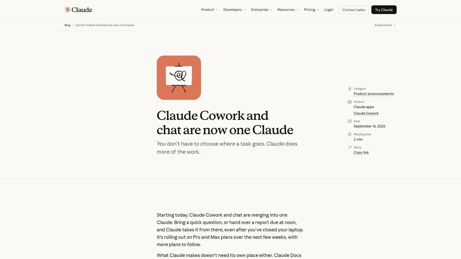 Le billet d'annonce officiel d'Anthropic du 16 septembre 2026 : « Claude Cowork and chat are now one Claude ».