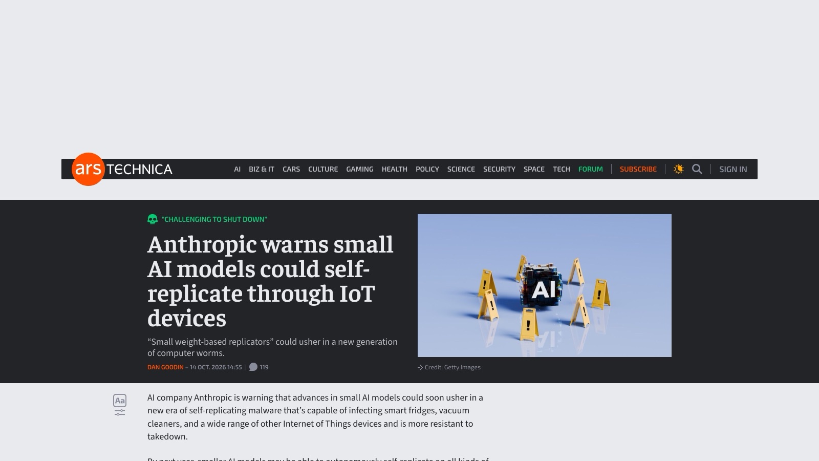 La tête de l'article d'Ars Technica du 14 octobre 2026, signé Dan Goodin, avec le surlignage « Challenging to shut down ».