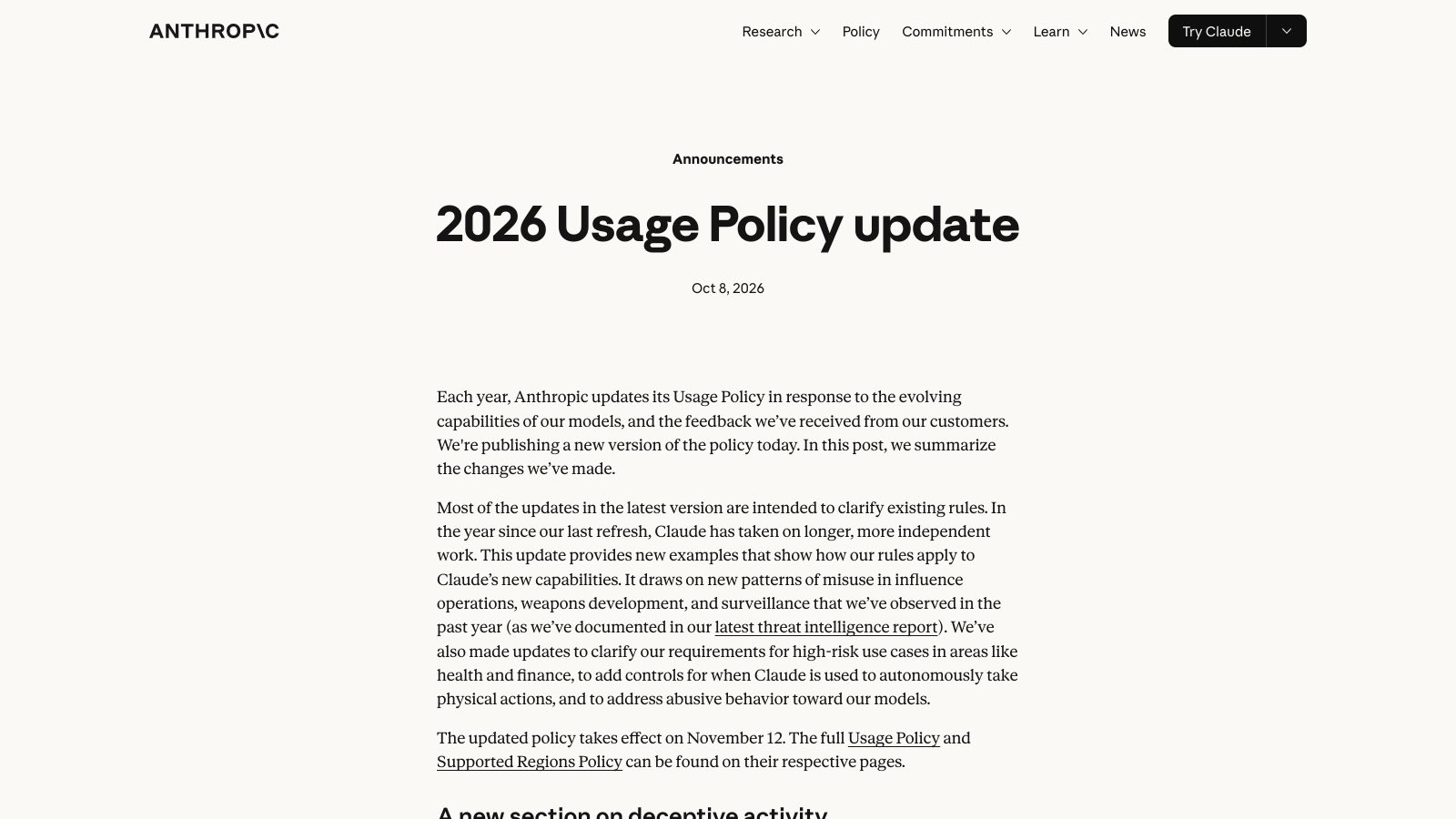 Le billet d'annonce « 2026 Usage Policy update » d'Anthropic.