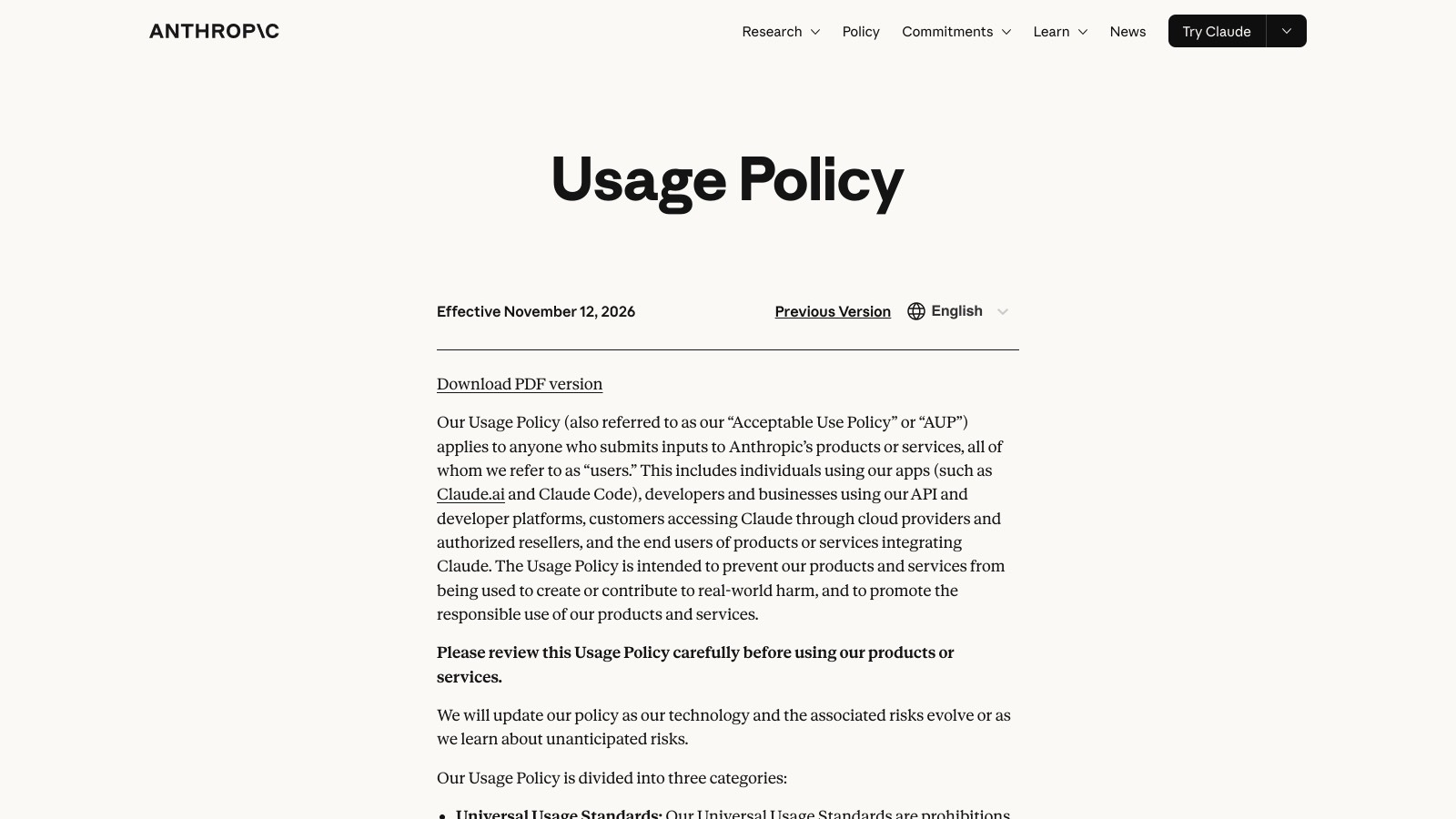 La page officielle de la politique, avec la date d'entrée en vigueur du 12 novembre 2026.