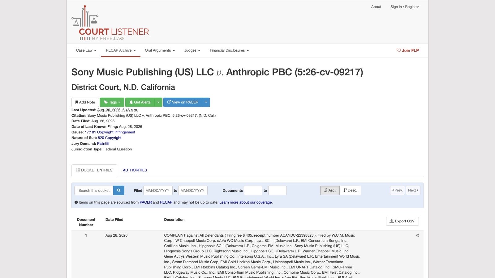 Le docket de l'affaire Sony Music Publishing v. Anthropic sur CourtListener, dossier 5:26-cv-09217, déposé le 28 août 2026.