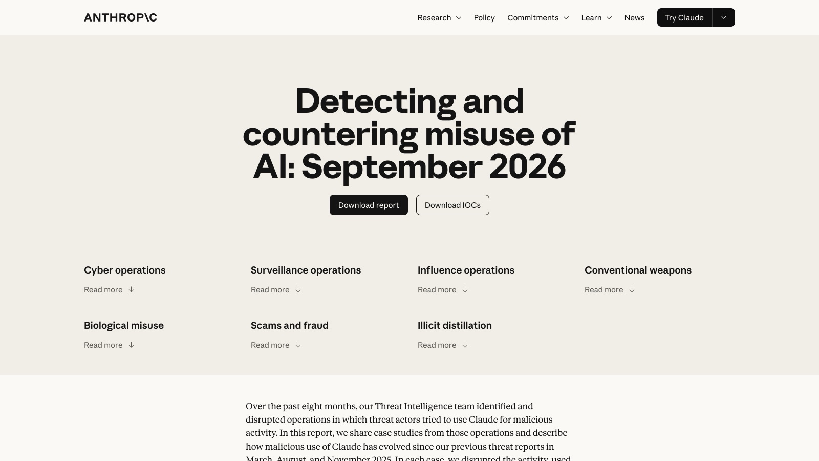 La page du rapport « Detecting and countering misuse of AI: September 2026 » sur anthropic.com, publiée le 10 septembre.