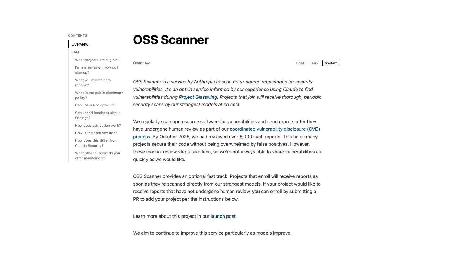 La page du service OSS Scanner sur red.anthropic.com : gratuité annoncée, mode d'inscription et FAQ.