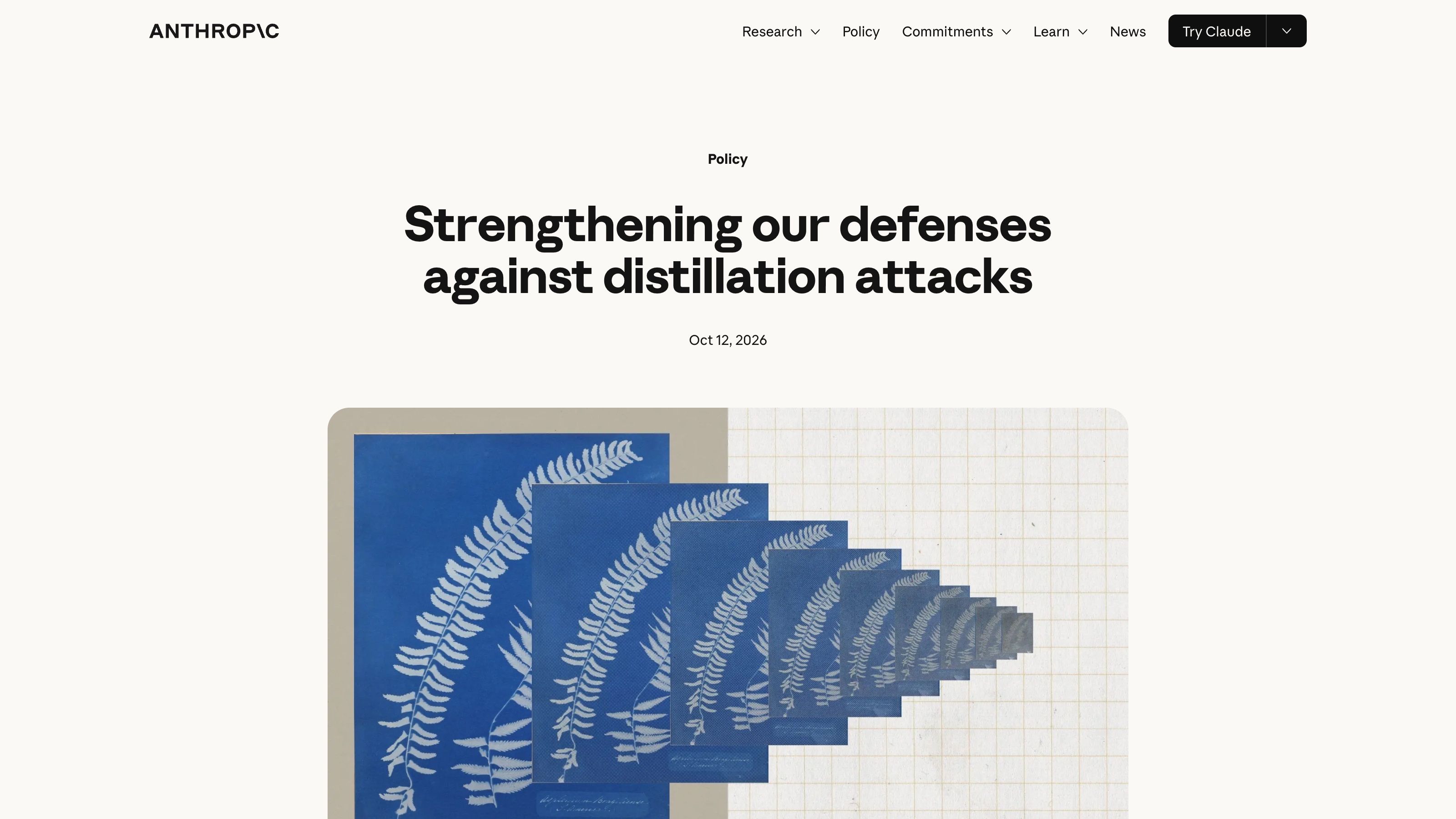L'en-tête du billet « Strengthening our defenses against distillation attacks », publié le 12 octobre 2026 et classé en rubrique Policy.