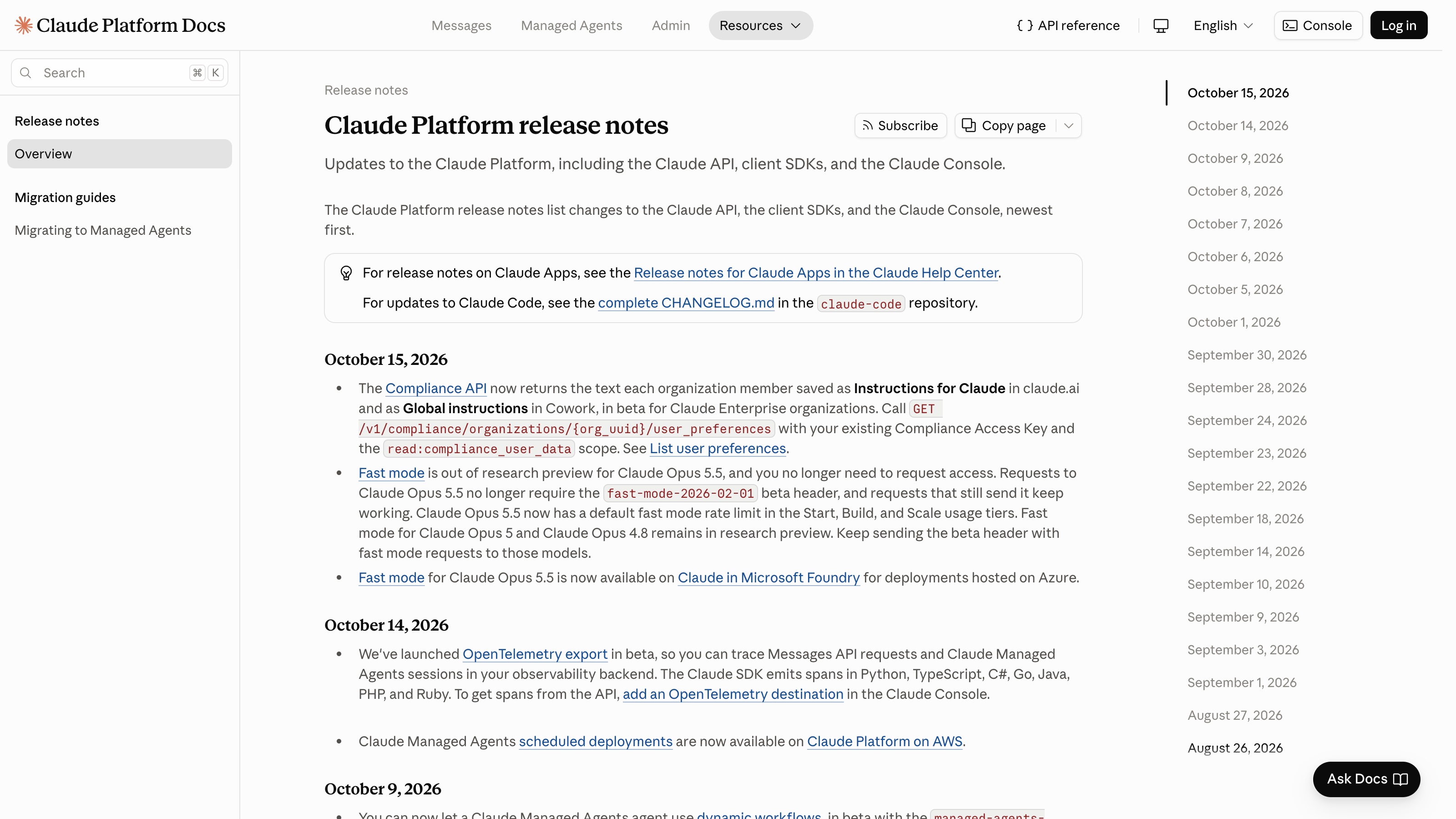 La page des notes de version de la plateforme Claude, avec l'index de ses dates.