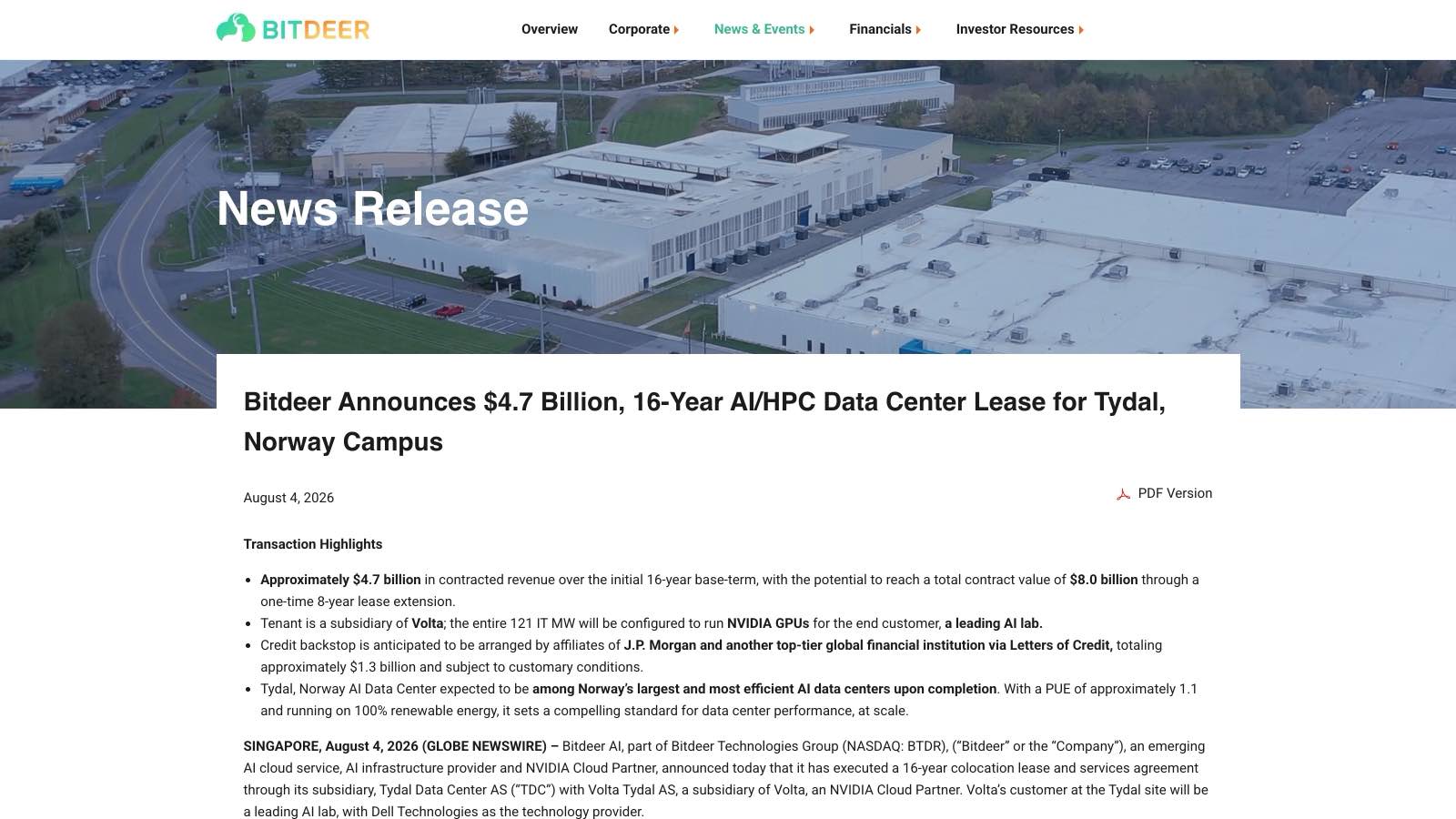 Le communiqué officiel de Bitdeer du 4 août 2026 détaille les 121 mégawatts informatiques et les 4,7 milliards de dollars de loyers, mais désigne le client final par la seule expression « a leading AI lab ».