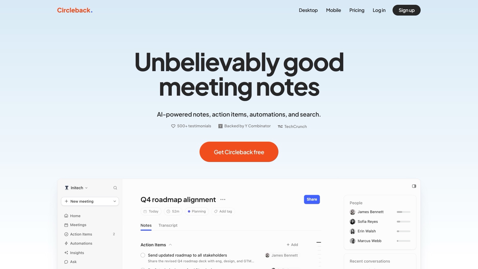Aperçu de l'interface de Circleback