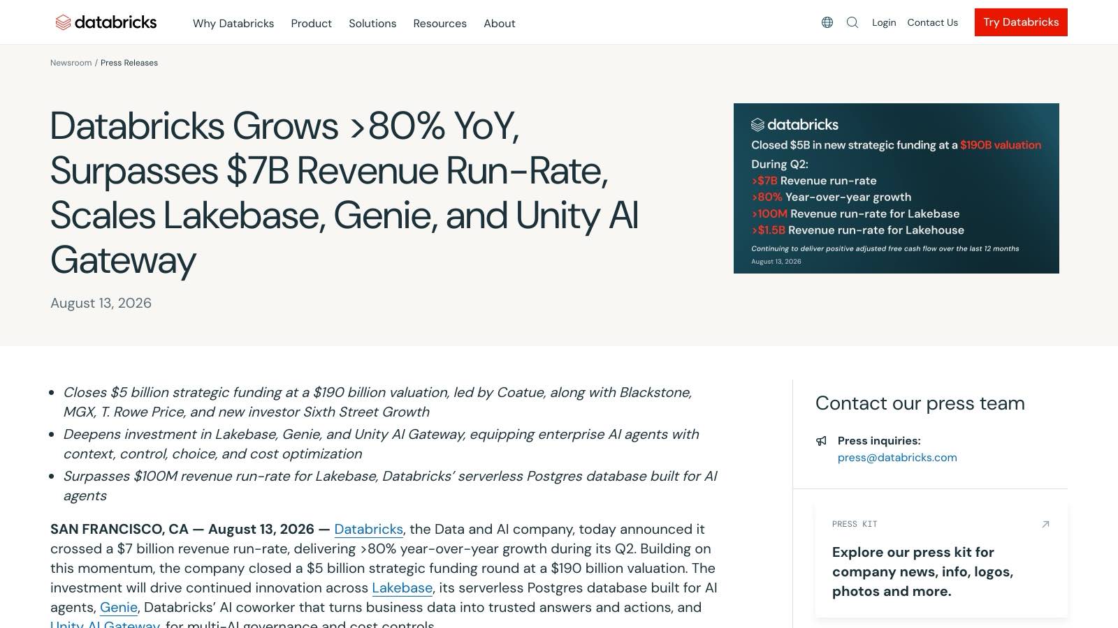 Le communiqué officiel de Databricks du 13 août 2026 annonce 5 milliards de dollars de financement et une valorisation de 190 milliards.