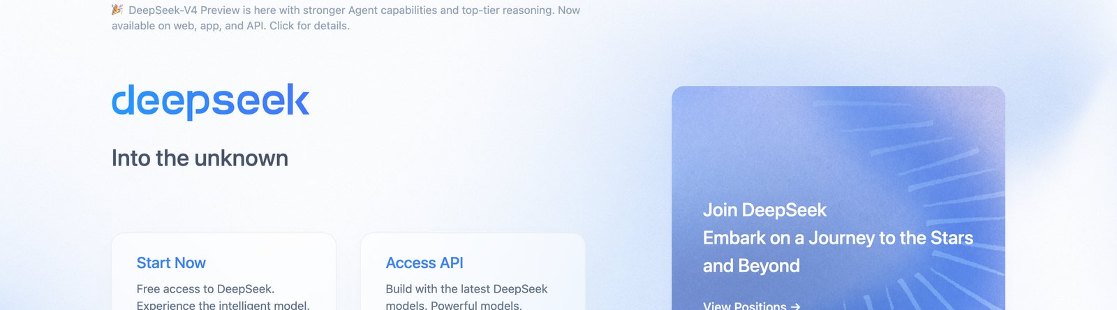 Page d'accueil officielle de DeepSeek, avec le bandeau annonçant la préversion de DeepSeek-V4.