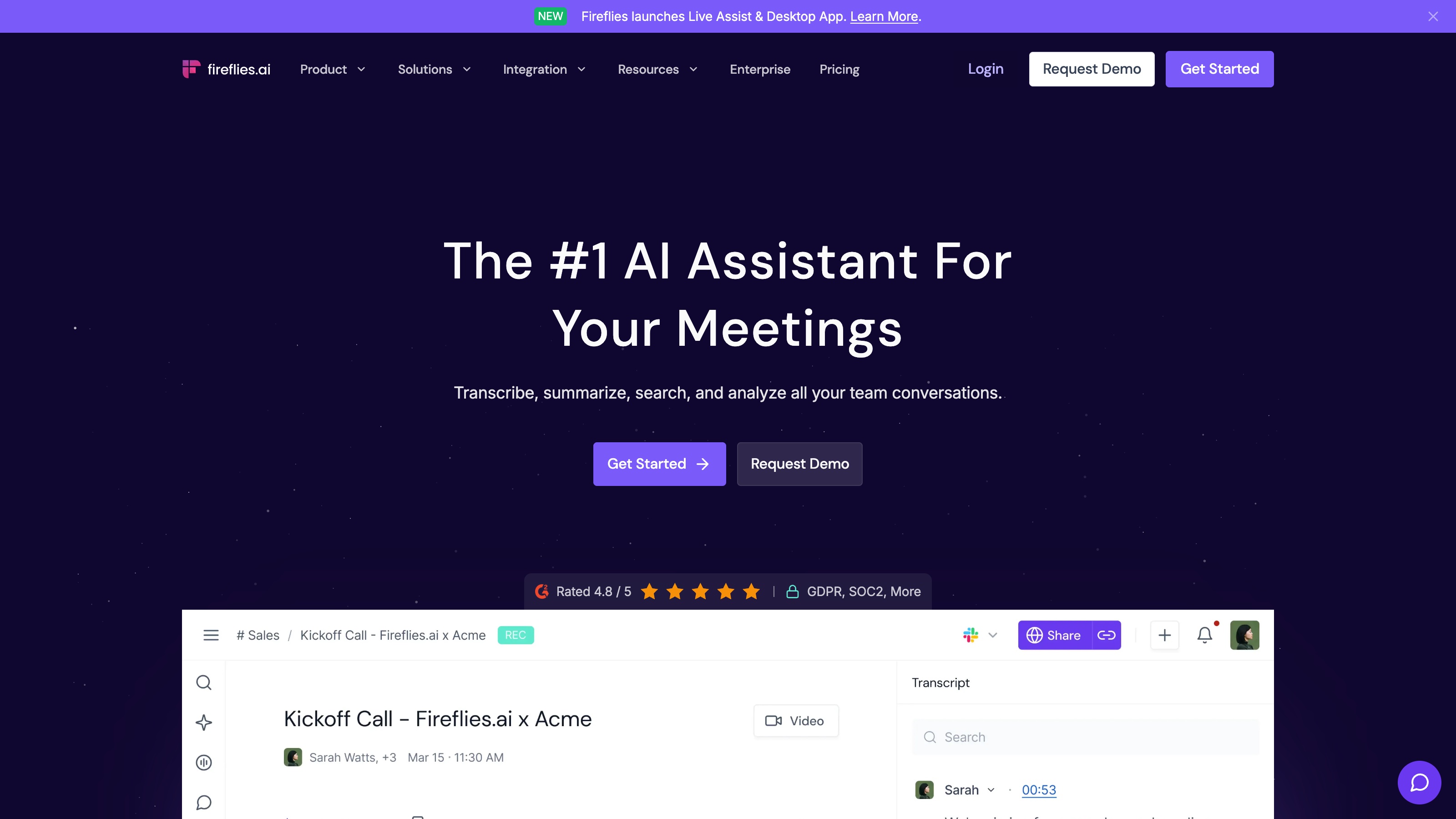 Page d'accueil de Fireflies.ai : « The #1 AI Assistant For Your Meetings », avec un aperçu de la transcription d'une réunion.