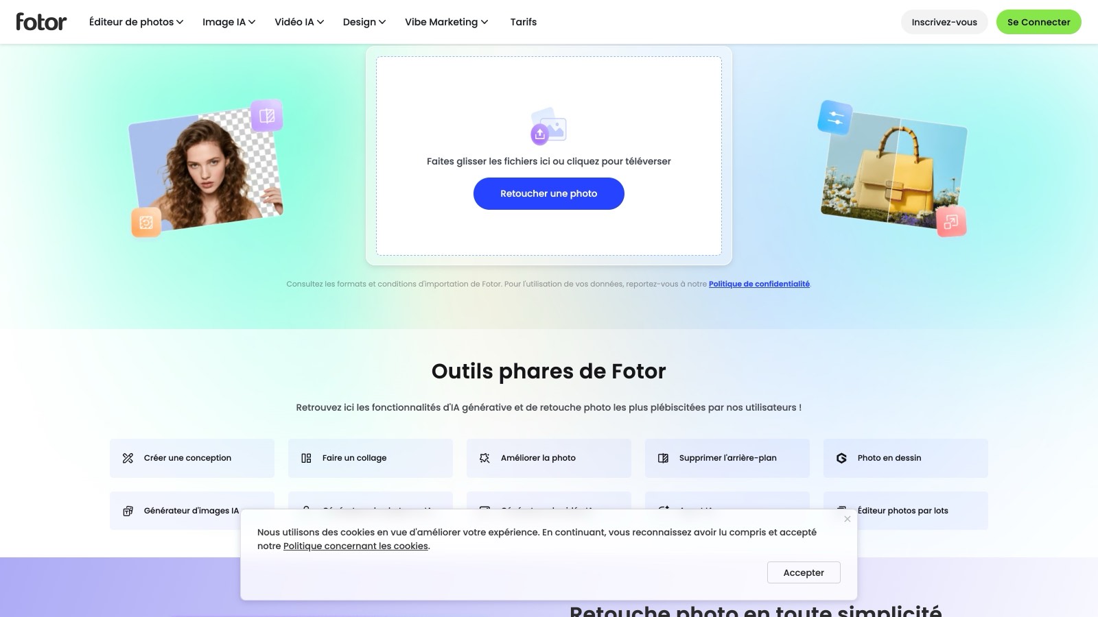 L'éditeur en ligne de Fotor en français : téléversement, collage, amélioration, suppression d'arrière-plan et génération d'images IA dans une même interface.