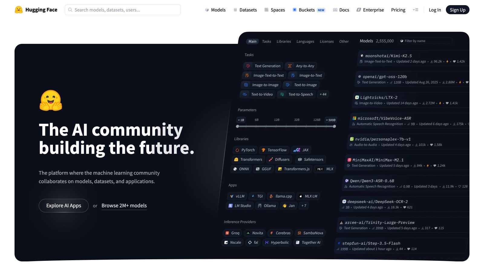 Page d'accueil de Hugging Face : « The AI community building the future », avec le catalogue de modèles (2 555 000 au 9 juillet 2026) et les filtres par tâche, bibliothèque et taille.
