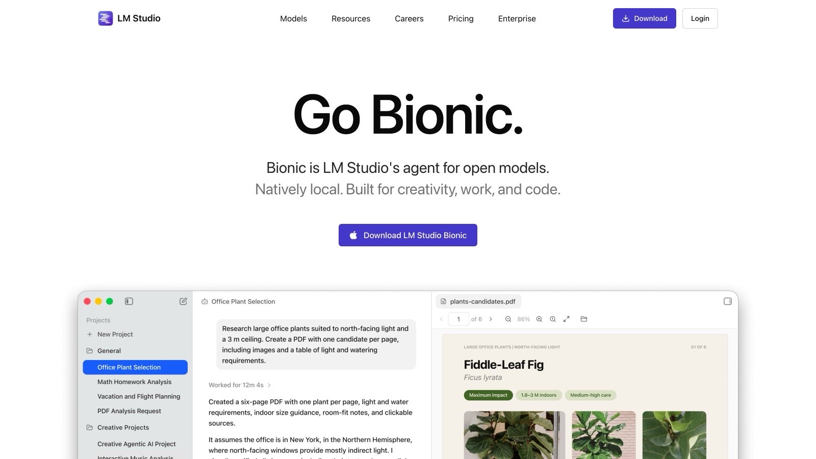 La page d'accueil de LM Studio, centrée sur Bionic, l'agent de l'éditeur pour les modèles ouverts.