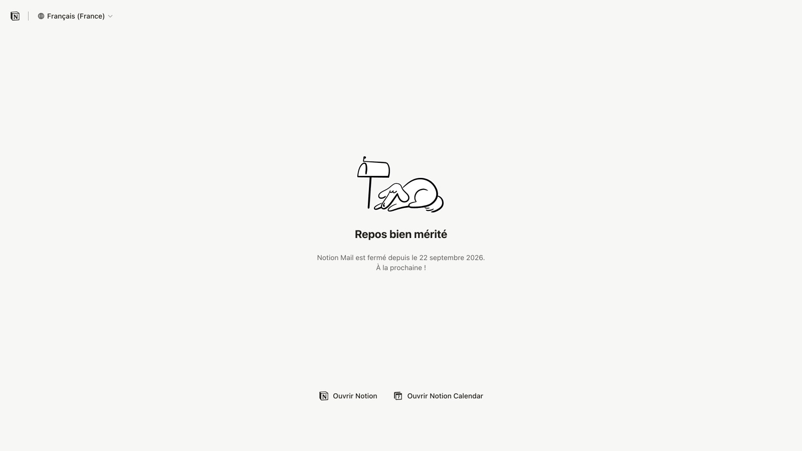 La page officielle de Notion Mail au 7 octobre 2026 : le service est fermé depuis le 22 septembre.