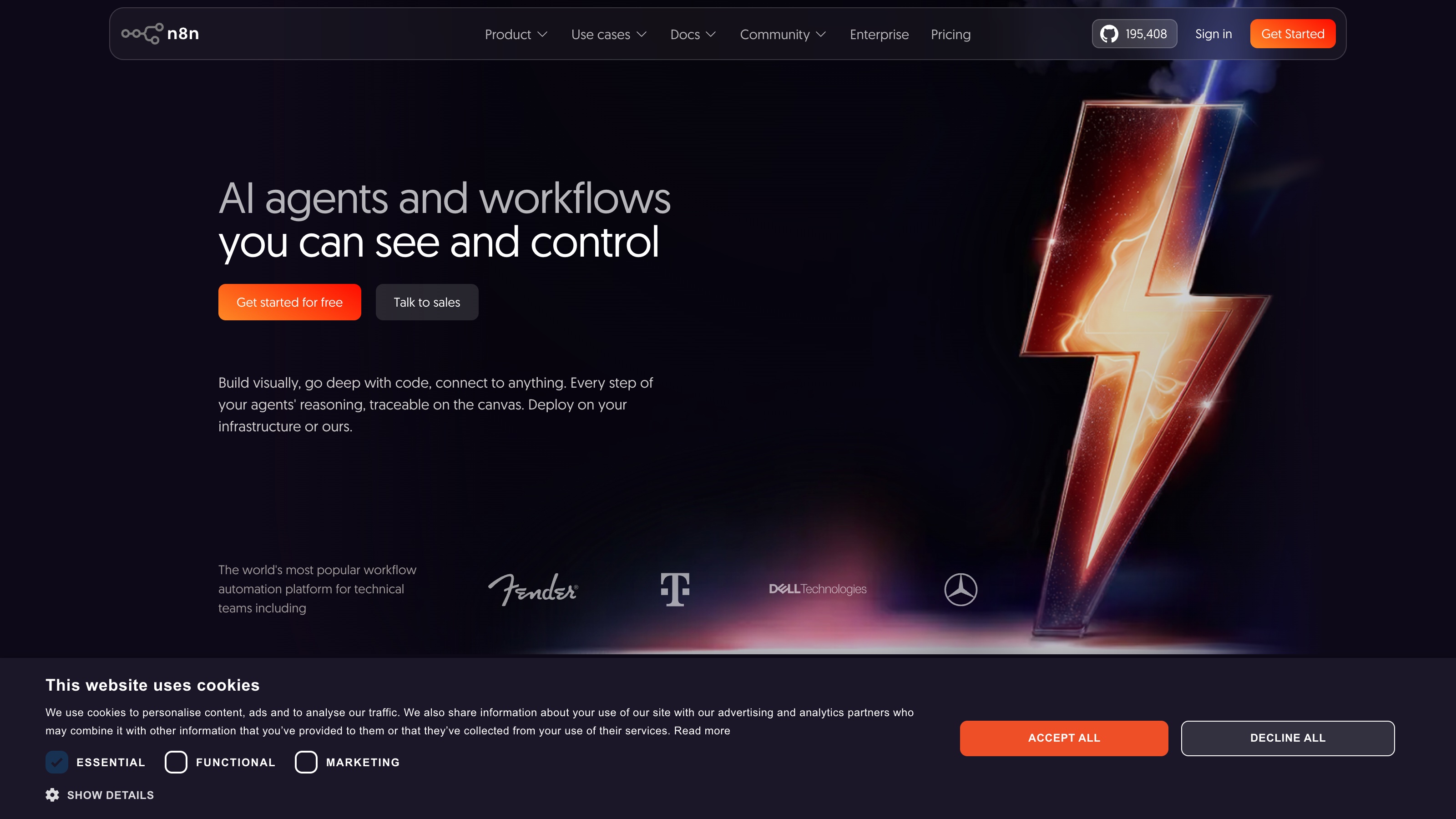Page d'accueil de n8n : « AI agents and workflows you can see and control » — construire visuellement, plonger dans le code, connecter n'importe quoi.