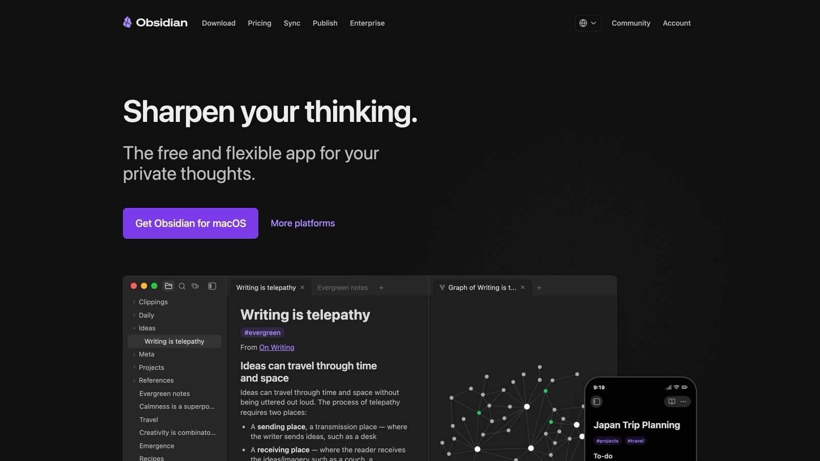 Page d'accueil d'Obsidian : « The free and flexible app for your private thoughts », avec l'éditeur de notes et le graphe de liens à droite.