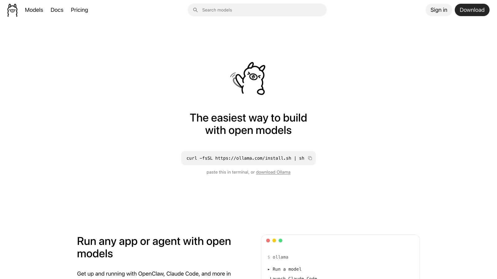 Page d'accueil d'Ollama : « The easiest way to build with open models », avec la commande d'installation à copier-coller dans un terminal.