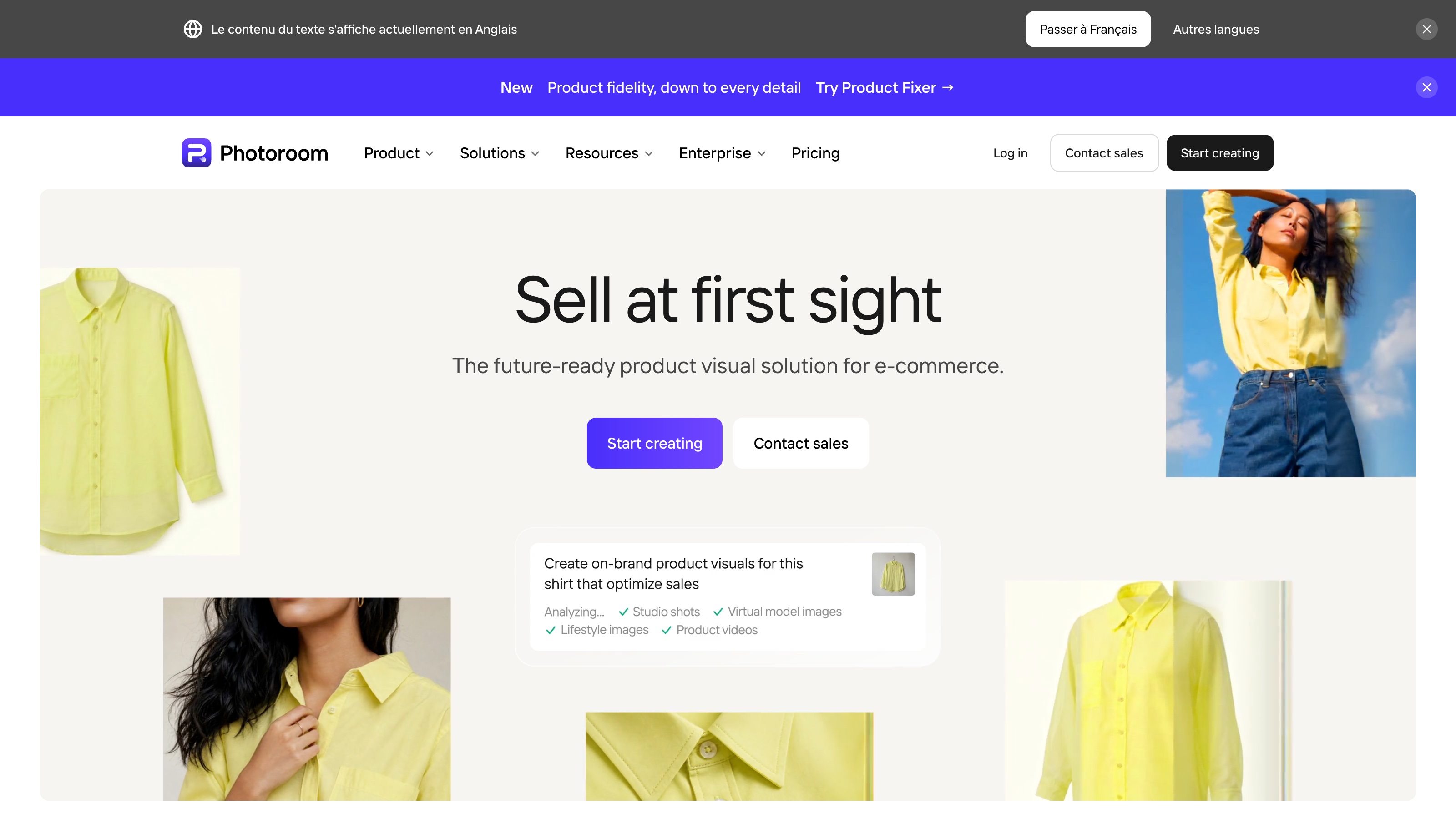 Page d'accueil de Photoroom : « Sell at first sight », la solution de visuels produit pour l'e-commerce (studio, mannequin virtuel, vidéos).