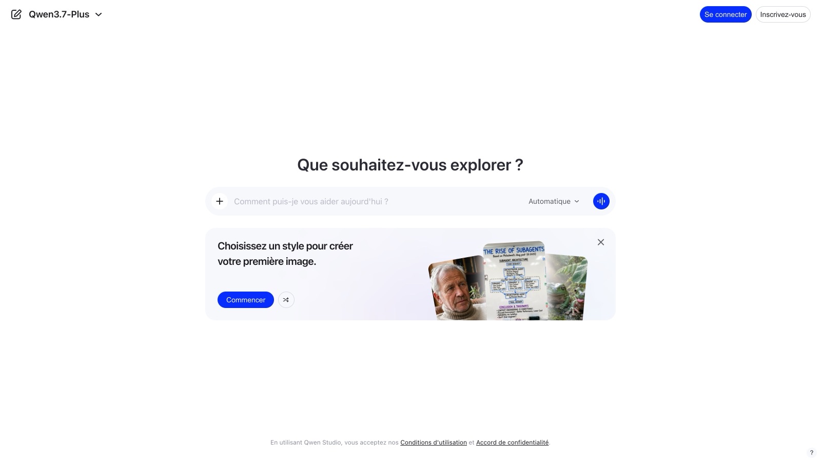 L'assistant Qwen Studio, entièrement traduit en français, avec le modèle Qwen3.7-Plus sélectionné par défaut.