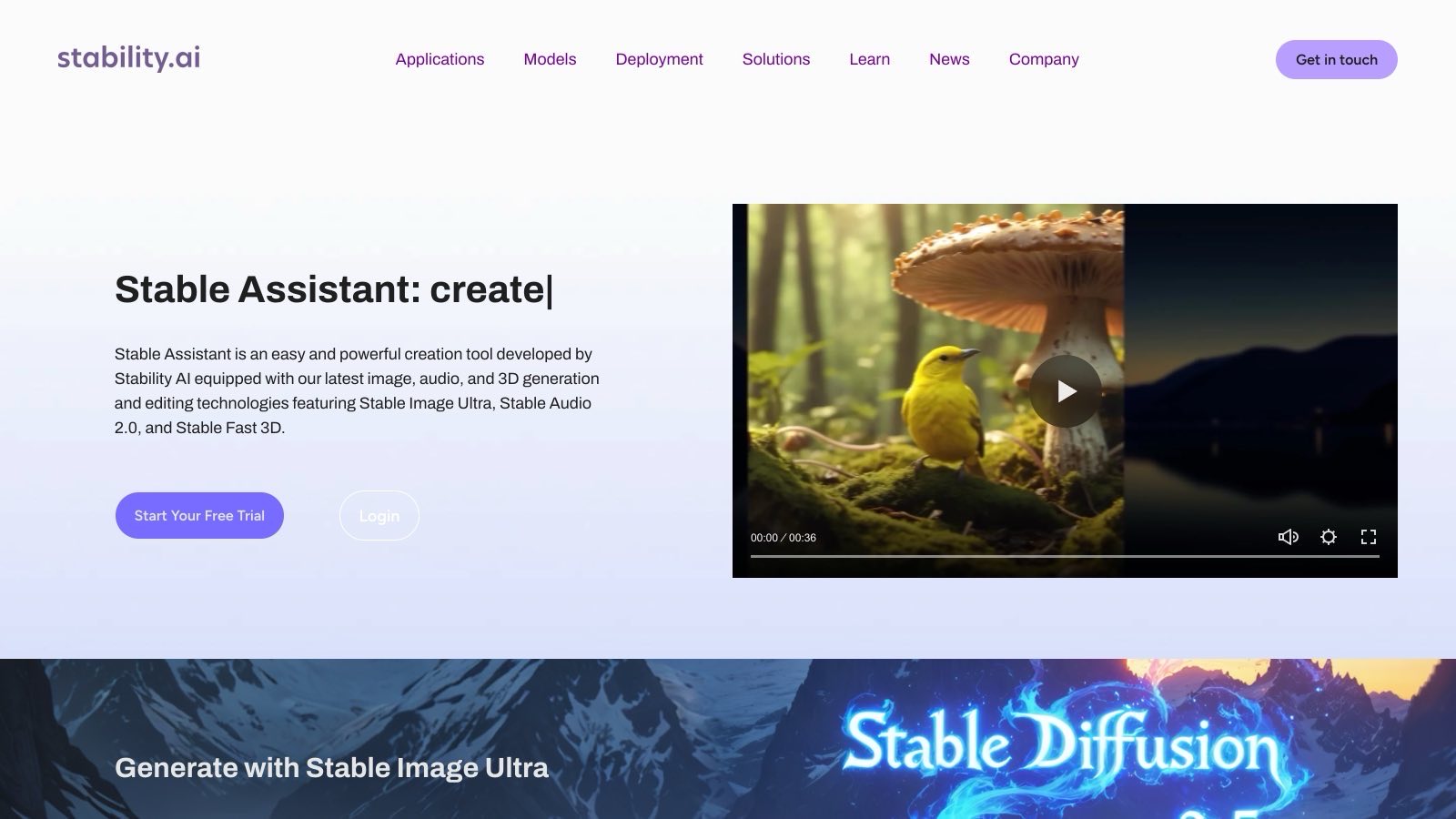La page d'accueil de Stability AI : Stable Assistant, l'application de création officielle avec son essai gratuit, et l'accès au modèle phare Stable Image Ultra.