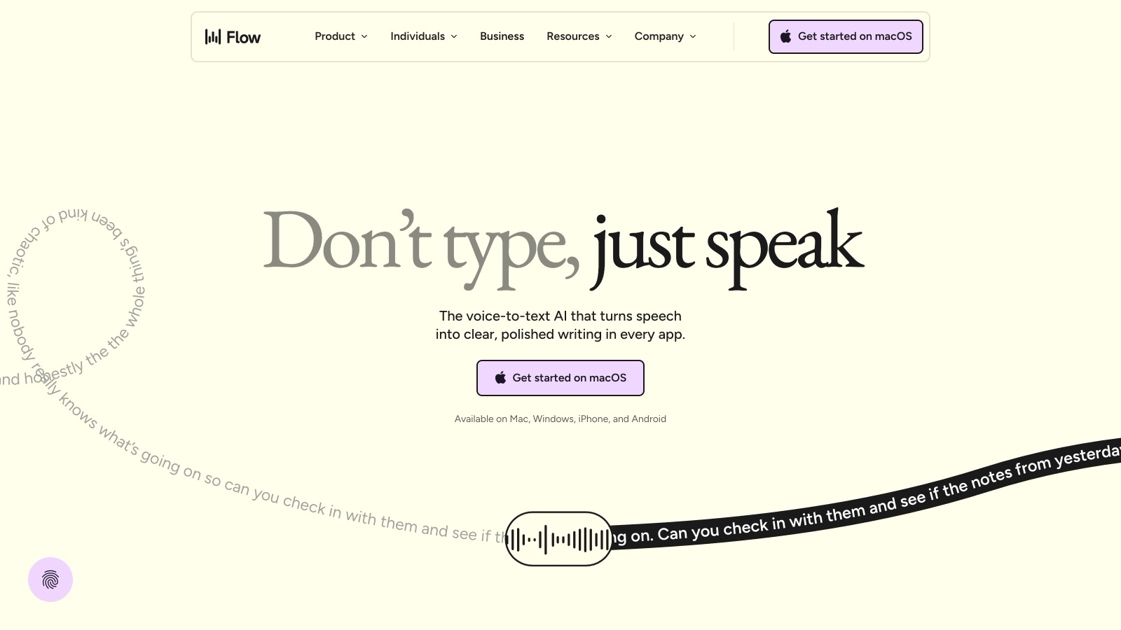 Page d'accueil de Wispr Flow : « Don't type, just speak », avec la mention des quatre plateformes disponibles.
