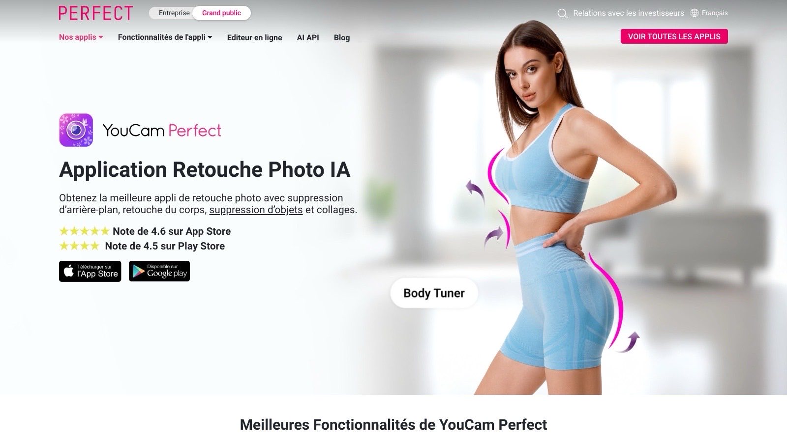 La page produit officielle de YouCam Perfect en français : retouche du corps, suppression d'objets, collages, avec les notes des stores affichées.