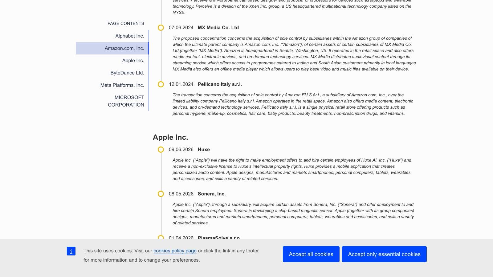 L'entrée « Huxe » du 9 juin 2026 dans la rubrique Apple de la base des acquisitions du DMA, sur le site de la Commission européenne.