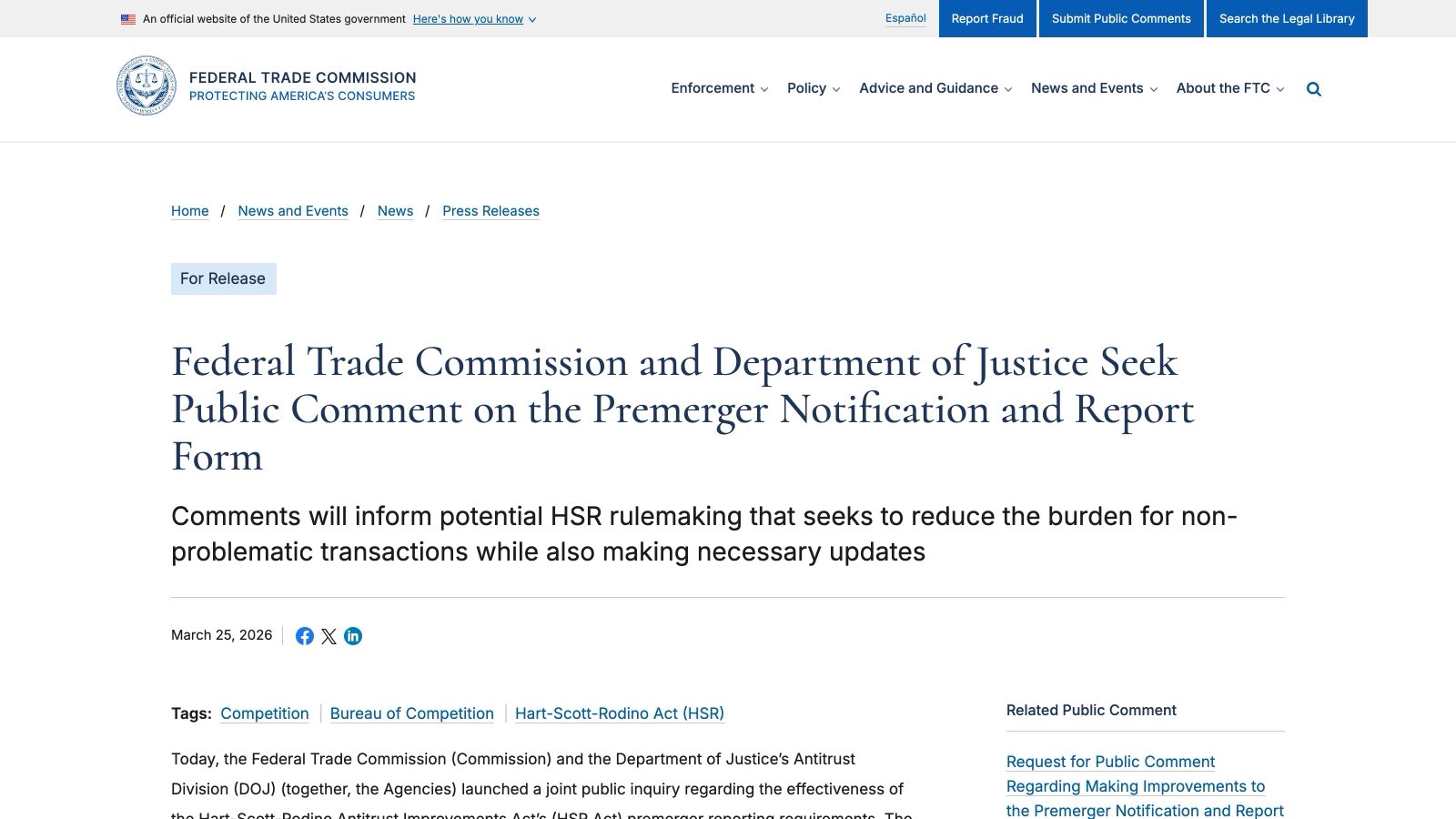 Le communiqué de la FTC et du ministère de la Justice du 25 mars 2026, qui ouvre la consultation sur les règles de notification préalable des fusions.